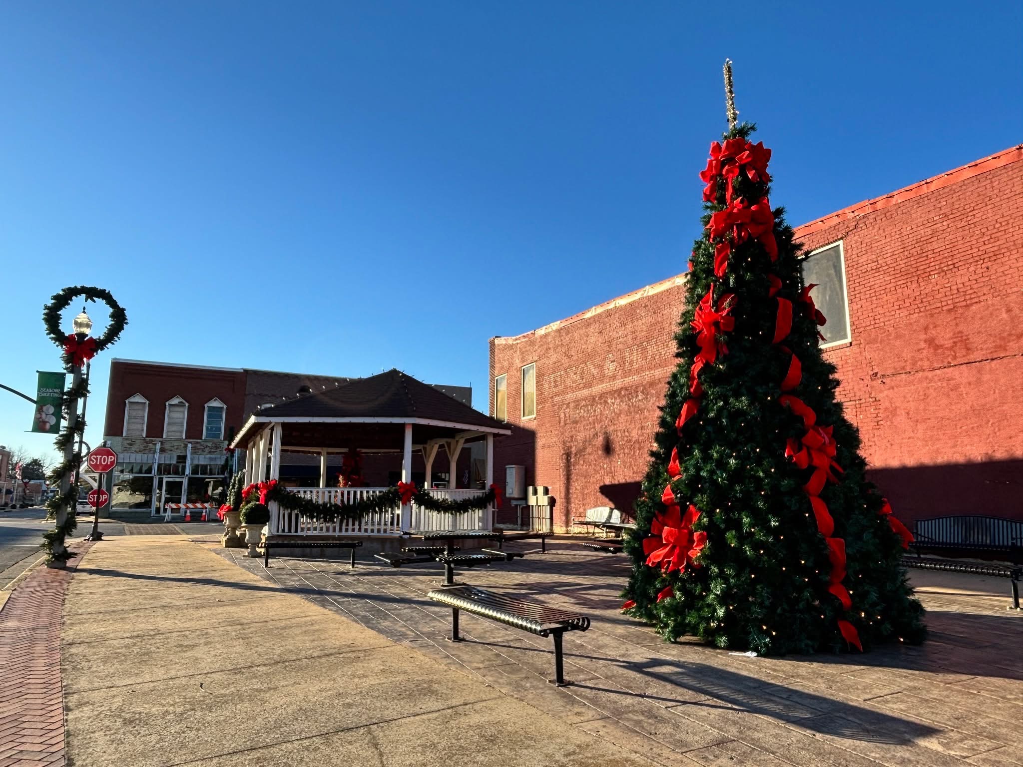 Downtown plaza with holiday tree and gazebo